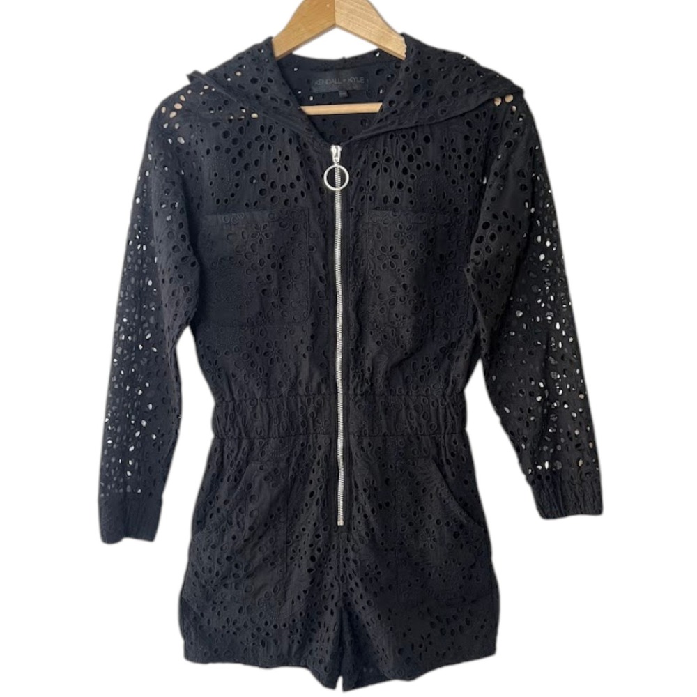 Kendall + Kylie Black Eyelet Cotton Hooded Zip Front Romper XS Long Sleeve‎